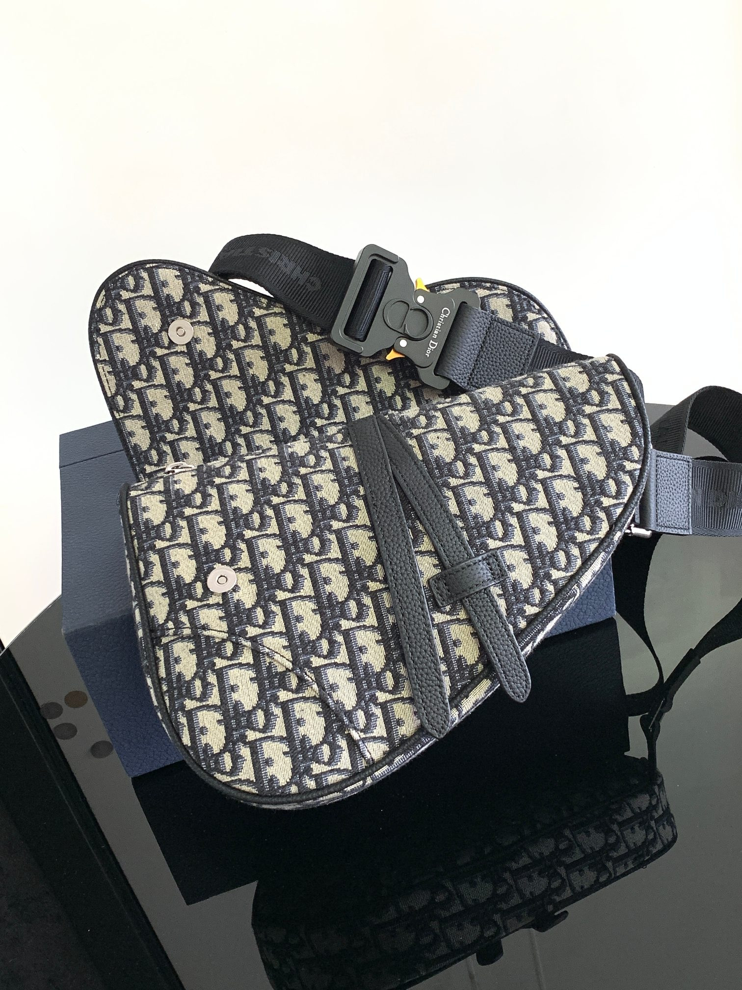 D*0r Saddle Bag Beige and Black D*0r Oblique Jacquard 26 x 19 x 4.5 cm