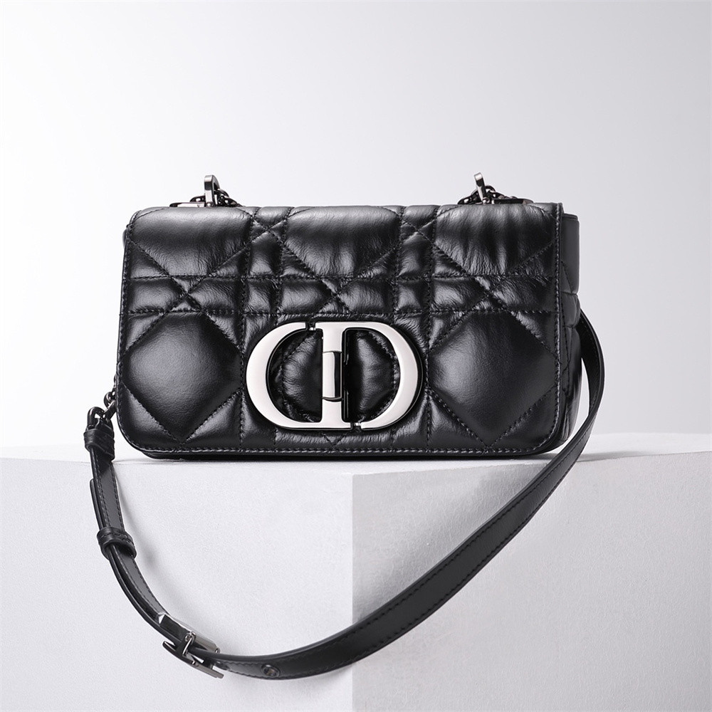 MEDIUM D*0r CARO BAG Black S*pple Cannage Calfskin With Silver Hardware 20x12x7cm