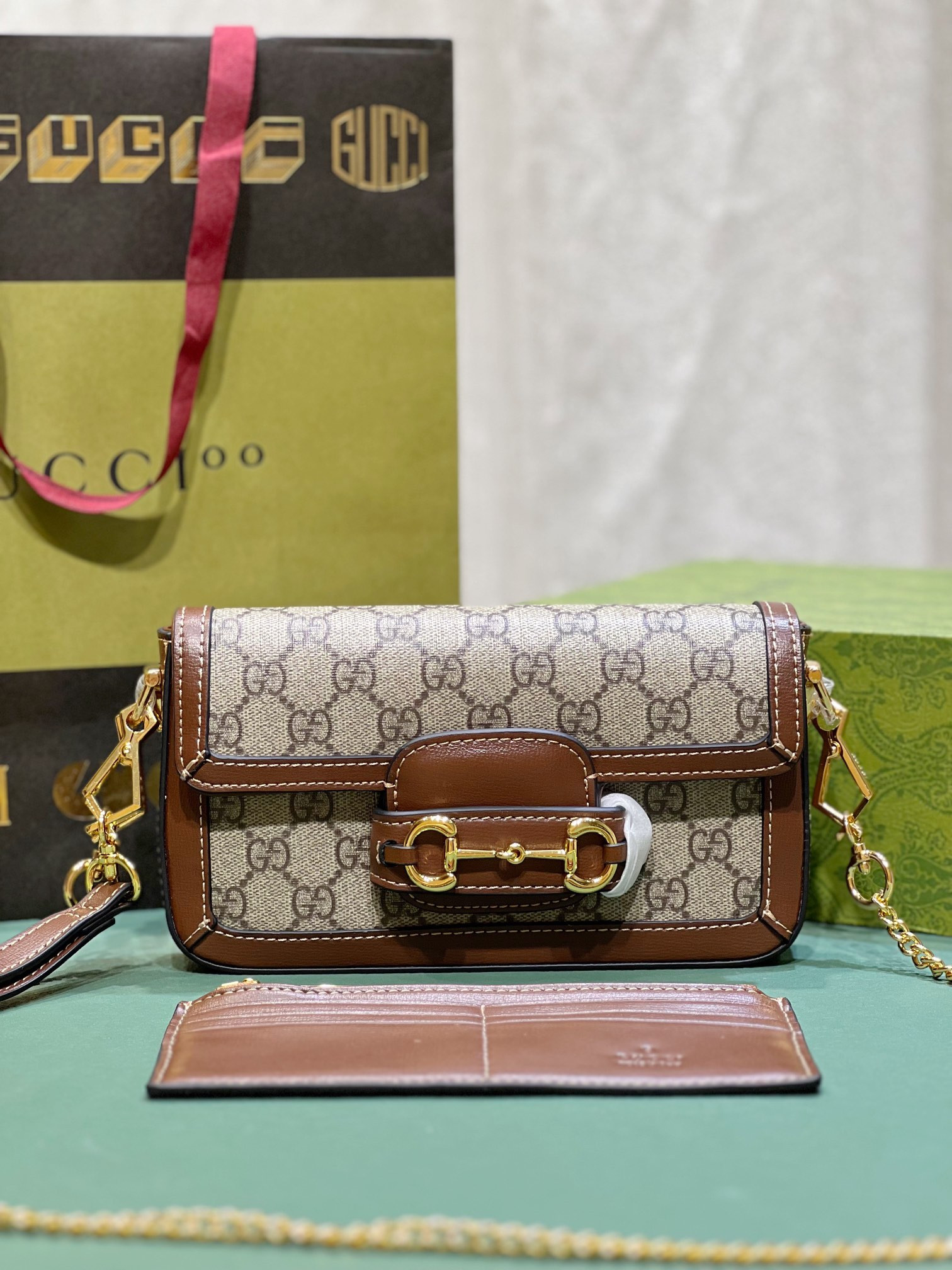 G*u*i HORSEBIT 1955 MINI BAG BROWN 8.5"W x 4.9"H x 1.2"D