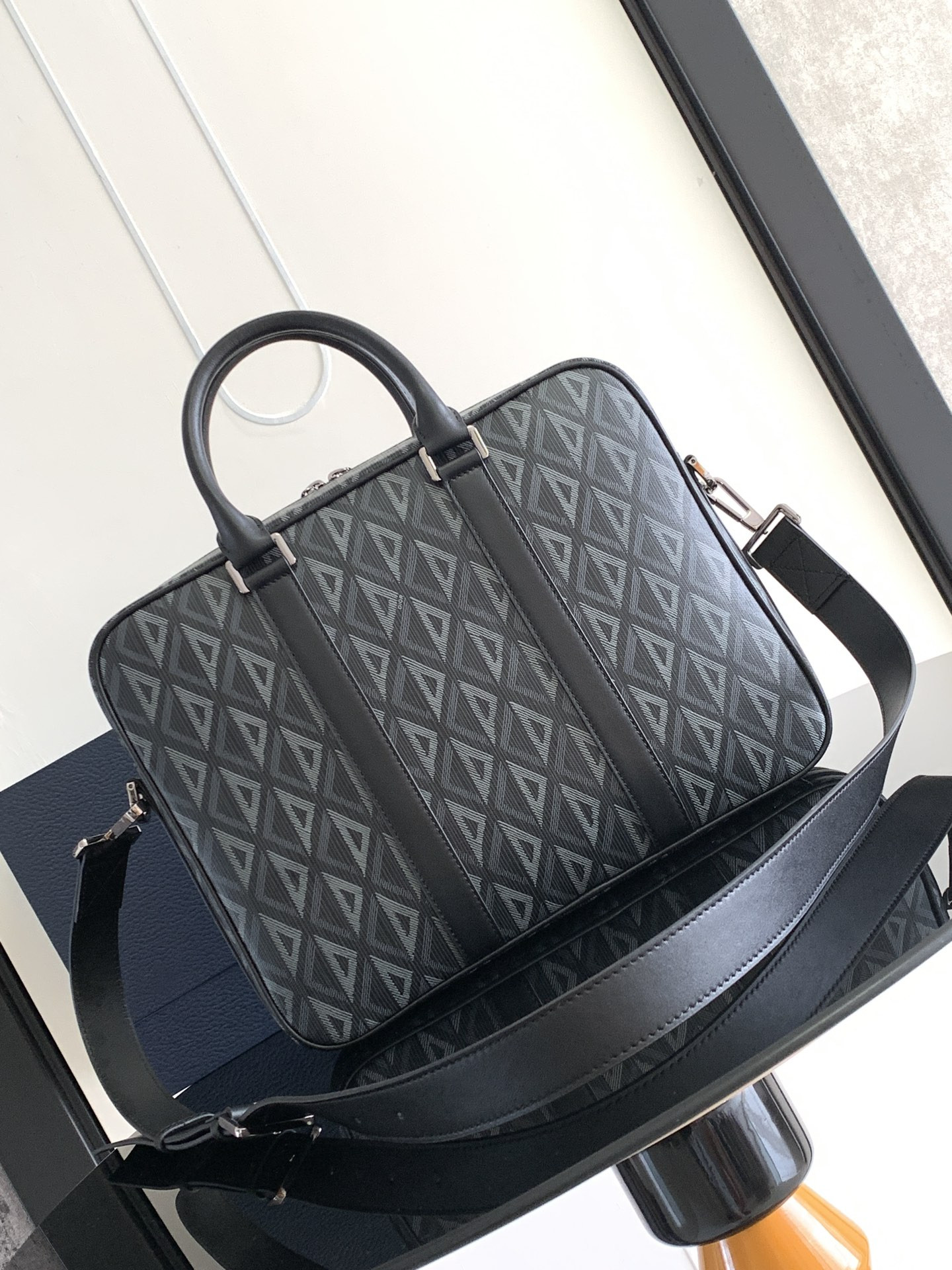 D*0r Zipped Briefcase Black CD Diamond Canvas and Black Grained Calfskin  37 x 28 x 6 cm